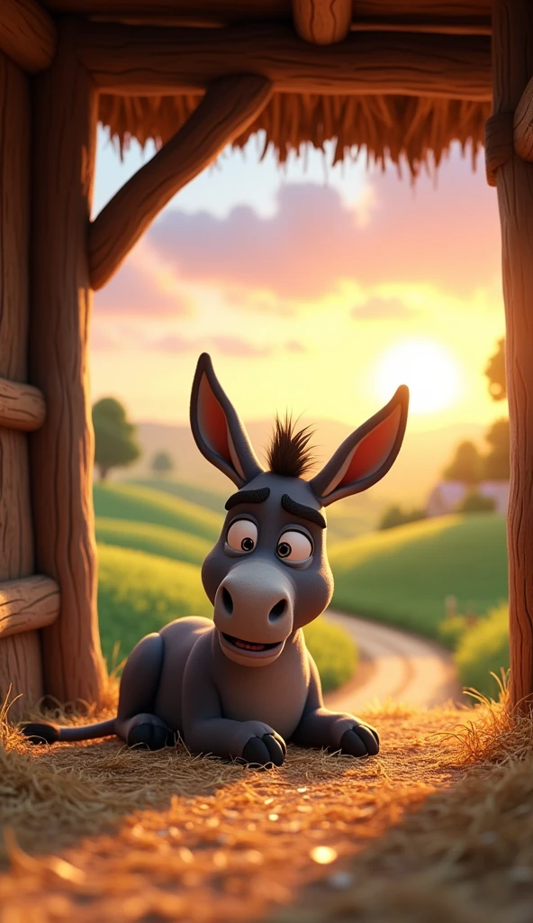 Draw an angry donkey lying on a pile of straw in a roofed stable on a farm. The farm should be picturesque and detailed, with green fields and a sunrise sky with soft orange and pink tones, in a 3D animated style.
