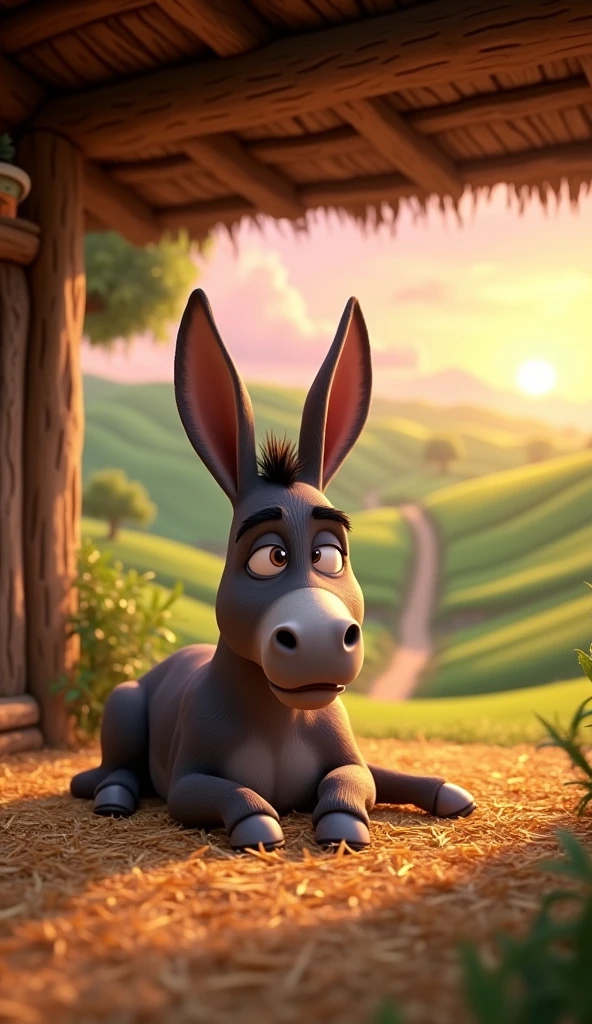 Draw an angry donkey lying on a pile of straw in a roofed stable on a farm. The farm should be picturesque and detailed, with green fields and a sunrise sky with soft orange and pink tones, in a 3D animated style.