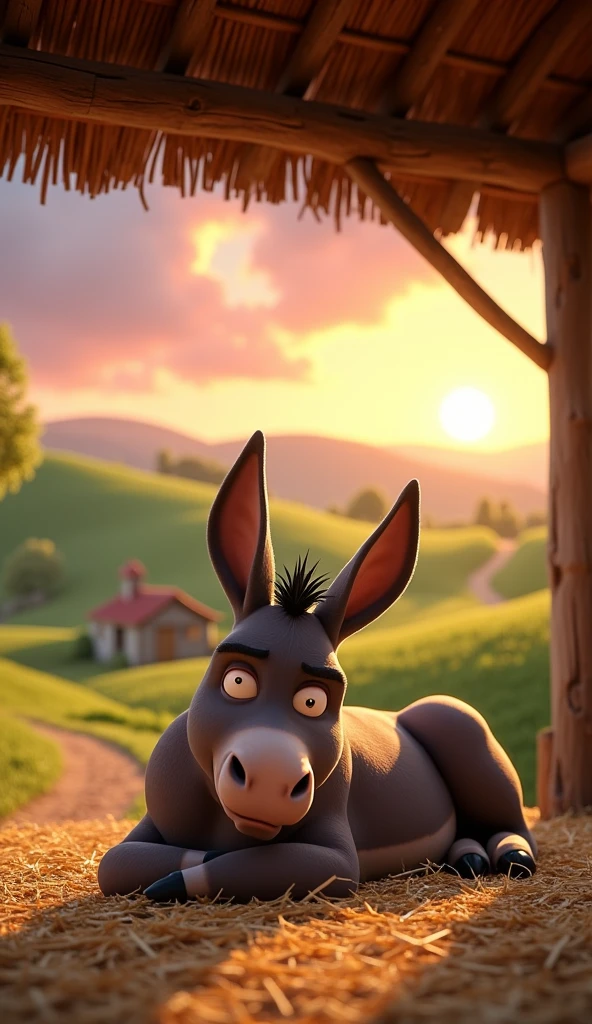 Draw an angry donkey lying on a pile of straw in a roofed stable on a farm. The farm should be picturesque and detailed, with green fields and a sunrise sky with soft orange and pink tones, in a 3D animated style.
