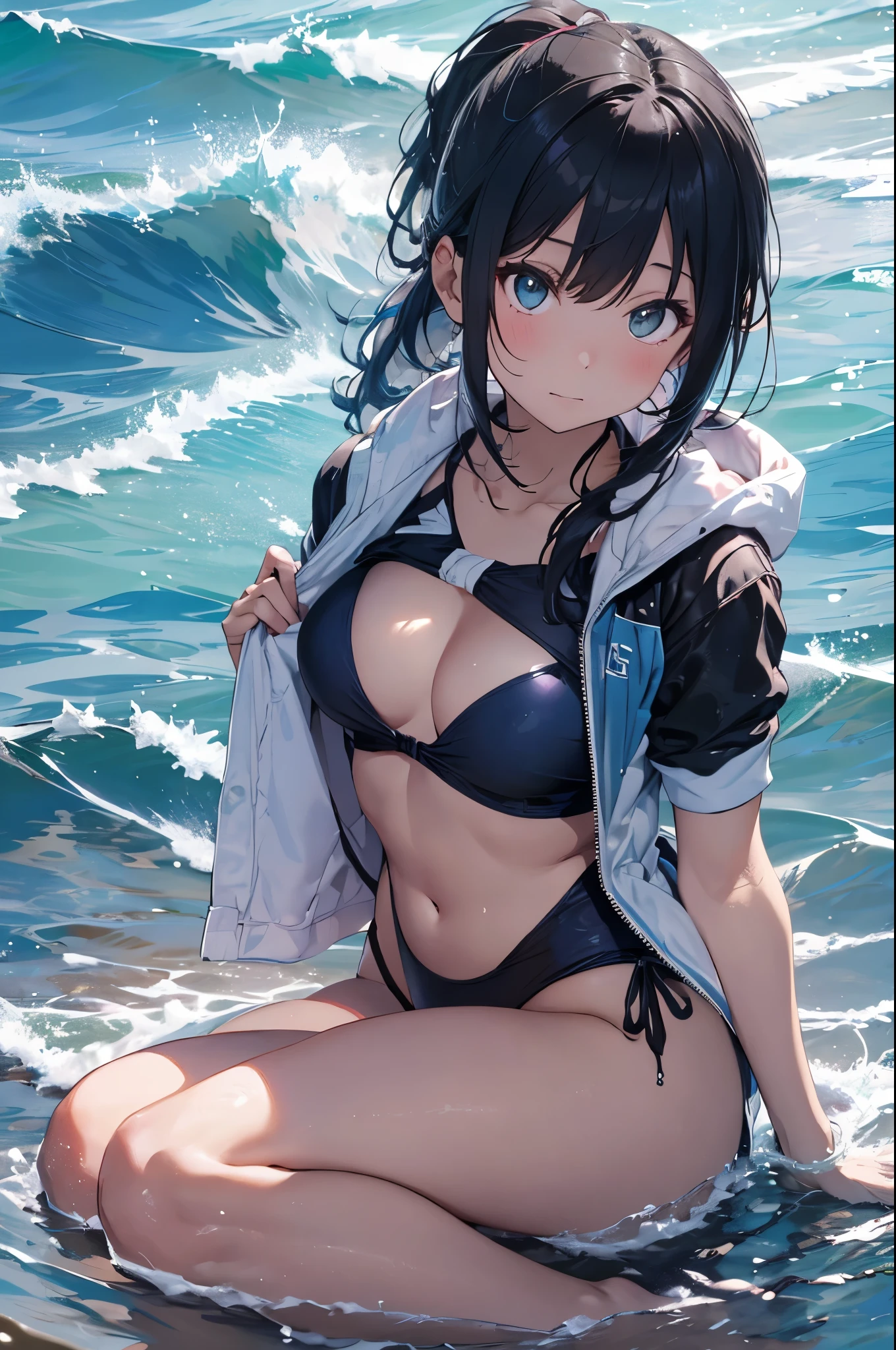 4K,8k,High resolution,Pink Swimsuit、
Quite a young woman,Blue Hair、Ponytail Blue Swimsuit、
(Soft Saturation:1.3), (Fair skin:1.2),
(ultra-Detailed Background, Detailed Background), Bokeh,
break'Smiling portrait.,
When viewed from the front, The composition is symmetrical,
Looking straight at you with serious eyes,
break Swimwear, Blue Bikini, Center of chest,
Outdoor, Sea surface, null, sunlight,Summer beach, Sandy Beach,
Strong light, Front lighting,
(:1.3), (Cowboy Shot:1.2),
Front brake angle,
View your viewers,
Dynamic pose,
sitting on the beach
Wakame seaweed、Wakame seaweed、
Seaweed、Seaweed、Seaweed、Seaweed、Seaweed、Seaweed、Seaweed、
