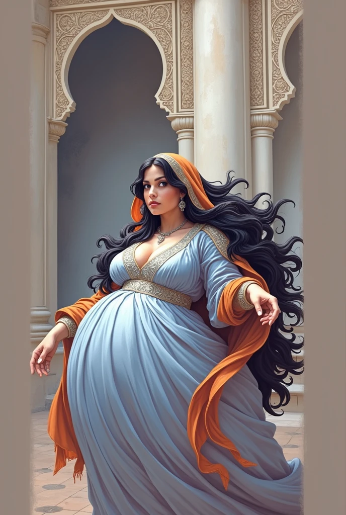 portrait of a plump woman inside the Alhambra with very very long black hair, crowned with a medieval Arabic headdress with an orange veil, pastel blue kaftan with silver Arabic embroidery, silver jewelry, Al-Andalus era, ethereal atmosphere.