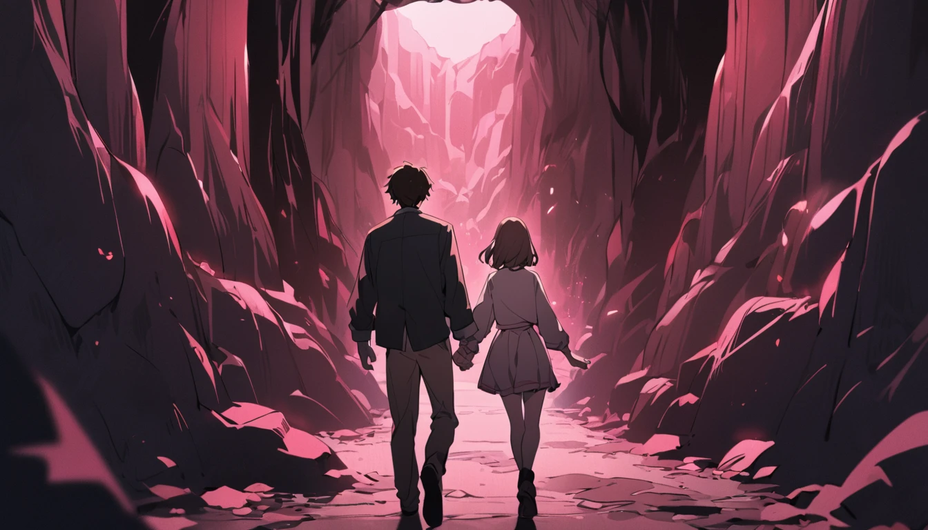 high school student,1 male,1 female,Medium Hair, Dark brown hair, Pink highlights on the tip, Pale pink eyes,Walk inside a dark cave,Holding hands out of anxiety