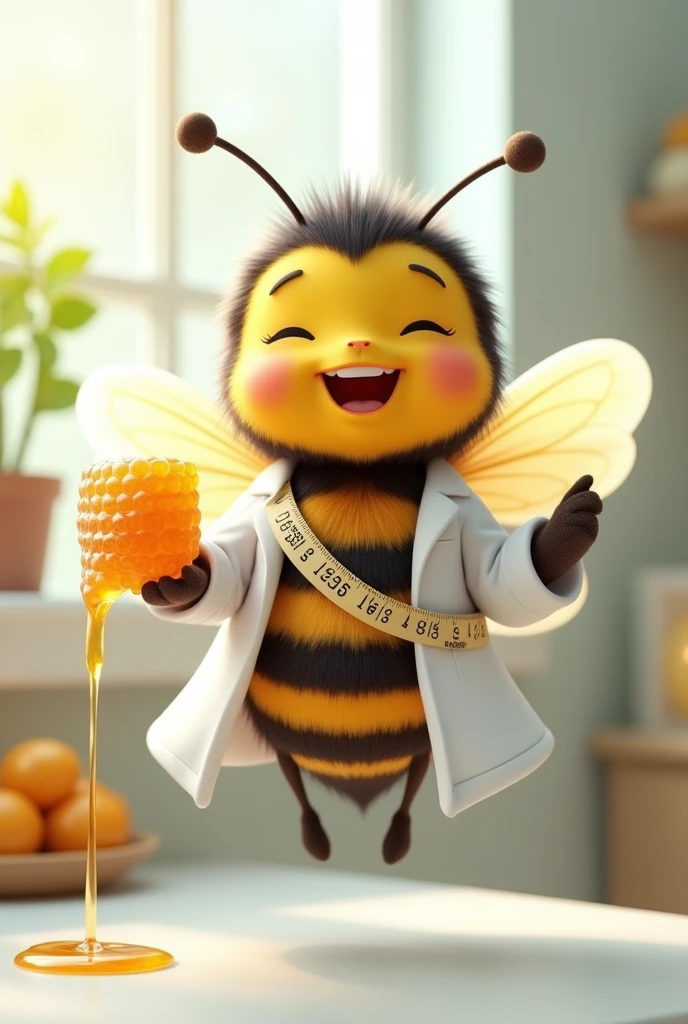 nutritionist bee in lab coat with a measuring tape around her neck cute realistic happy flying with her wings holding some dripping honey