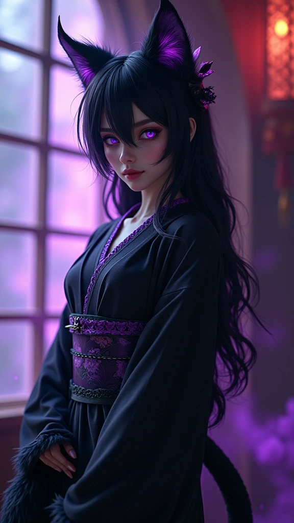 furry cat girl ,anthropomorphic, small cat ears, fur covered succubus tail, medium sized breasts, blue slightly violet colored cat eyes, thin slit irises, thin iris, violet mist aura, small closed lip smile,  body, black kimono laced with dark purple linen, angle on the left side, furry body, black fur, violet claws, furry person, paws, cat face, muzzle, Japanese background, paws, demonic violet aura, long hair, silky hair, straight hair, black fur covering entire body, Multiple tails, small purple demon horns, toe-beans on paws, purple claws, visible paw pads, cute, magical violet aura, black fur, purple gemstone kimono, 9 cat tails. Furry Wings, Medium sized Wings, flying, camera facing the back, back visible.high quality, (RAW photo, best quality), (realistic, photorealistic: 1.4), (extremely delicate and beautiful: 1.4), amazing, fine details, masterpiece, ultra detailed, high resolution, best illustration, best shadow, intricate, ( extremely intricate: 1.2), (exquisitely detailed skin), cinematic light, perfect anatomy, (cool color: 1.4), sharp focus, 8k UHD, DSLR, (Fujifilm XT3),(estilo cinematográfico :1.4), (efectos cinematográfico :1.4), (colores cinematográfico), (anthropomorphic:1.4), (puntos negros en la piel jaguar :1.4), (dark ebony skin:1.4), (nsfw:1.4 ),(nsfw V2.1), (estilo lingerie BodySuit transparente :1.4) 
