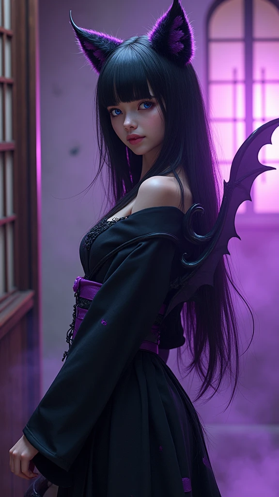 furry cat girl ,anthropomorphic, small cat ears, fur covered succubus tail, medium sized breasts, blue slightly violet colored cat eyes, thin slit irises, thin iris, violet mist aura, small closed lip smile, body, black kimono laced with dark purple linen, angle on the left side, furry body, black fur, violet claws, furry person, paws, cat face, muzzle, Japanese background, paws, demonic violet aura, long hair, silky hair, straight hair, black fur covering entire body, Multiple tails, small purple demon horns, toe-beans on paws, purple claws, visible paw pads, cute, magical violet aura, black fur, purple gemstone kimono, 9 cat tails. Furry Wings, Medium sized Wings, flying, camera facing the back, back visible.high quality, (RAW photo, best quality), (realistic, photorealistic: 1.4), (extremely delicate and beautiful: 1.4), amazing, fine details, masterpiece, ultra detailed, high resolution, best illustration, best shadow, intricate, ( extremely intricate: 1.2), (exquisitely detailed skin), cinematic light, perfect anatomy, (cool color: 1.4), sharp focus, 8k UHD, DSLR, (Fujifilm XT3),(estilo cinematográfico :1.4), (efectos cinematográfico :1.4), (colores cinematográfico), (anthropomorphic:1.4), (puntos negros en la piel jaguar :1.4), (dark ebony skin:1.4), (nsfw:1.4 ),(nsfw V2.1), (estilo lingerie BodySuit transparente :1.4)