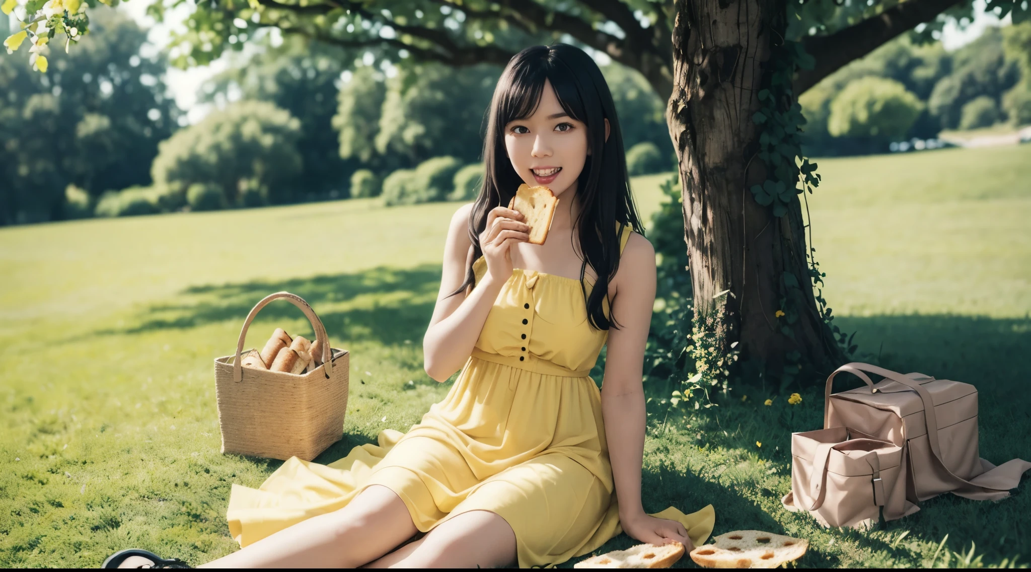 girl, sitting, under a tree, on grass ground, eating and holding a bread sandwhiches close to her mouth, looking at viewer, open mouth, dappled sunlight, long flowing black hair, flower styled yellow dress, (young, cute:1.6), breasts, a paper bag full of bread besides her,