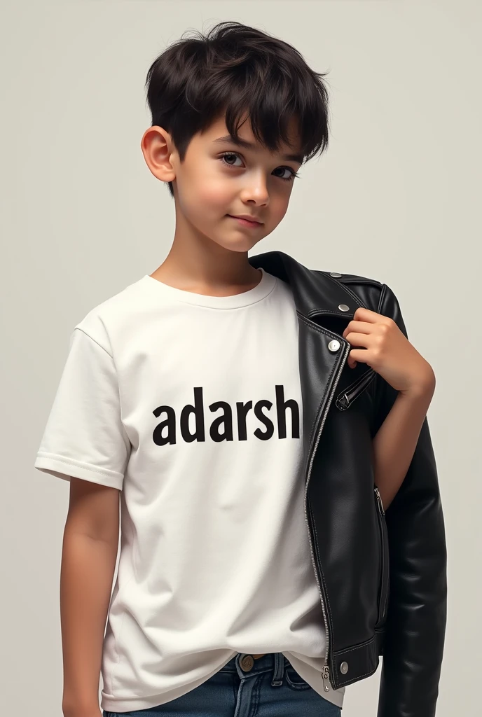 A boy wears a white tshirt and taking in his hand a leather jacket and on the tshirt written Adarsh