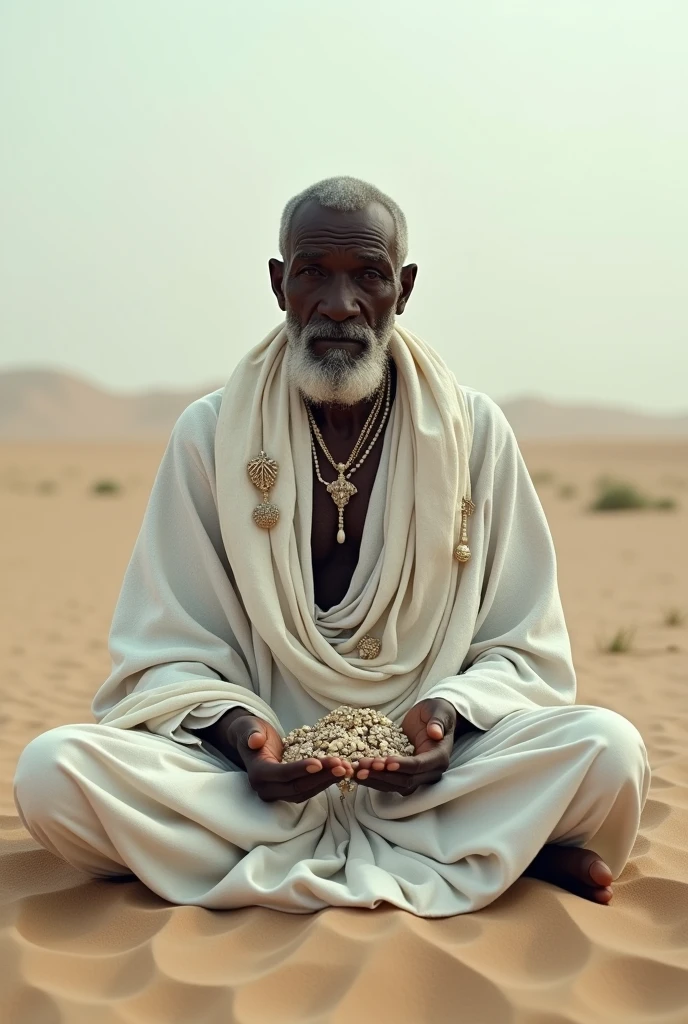 Orisha Black Man, elder, white clothes with cowries in their hands, sitting in the sand