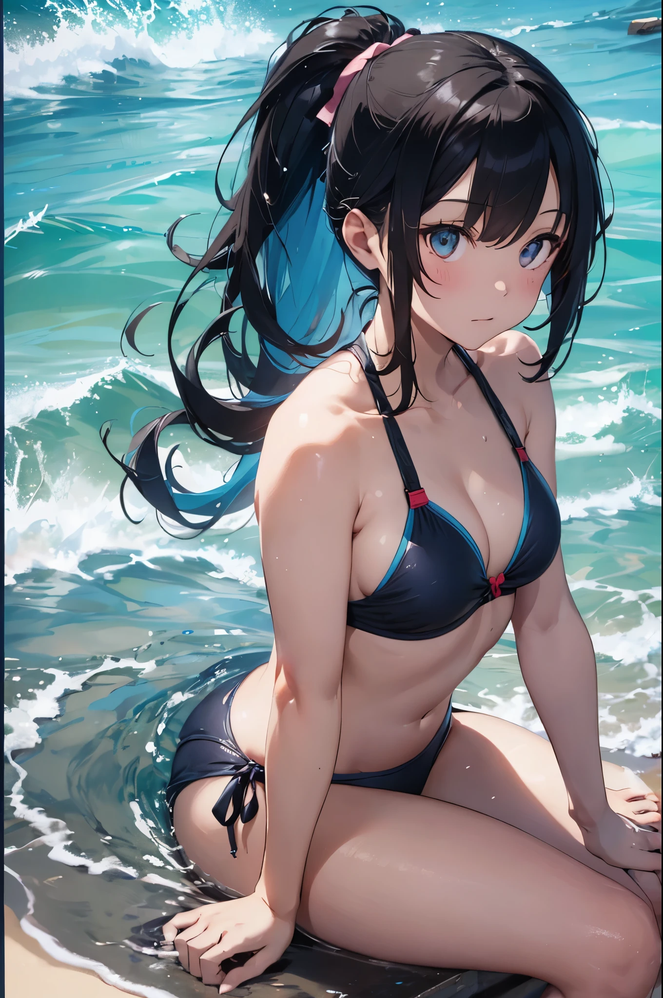 4K,8k,High resolution,Pink Swimsuit、
Quite a young woman,Blue Hair、Ponytail Blue Swimsuit、
(Soft Saturation:1.3), (Fair skin:1.2),
(ultra-Detailed Background, Detailed Background), Bokeh,
break'Smiling portrait.,
When viewed from the front, The composition is symmetrical,
Looking straight at you with serious eyes,
break Swimwear, Blue Bikini, Center of chest,
Outdoor, Sea surface, null, sunlight,Summer beach, Sandy Beach,
Strong light, Front lighting,
(:1.3), (Cowboy Shot:1.2),
Front brake angle,
View your viewers,
Dynamic pose,
sitting on the beach
Wakame seaweed、Wakame seaweed、
Seaweed、Seaweed、Seaweed、Seaweed、Seaweed、Seaweed、Seaweed、