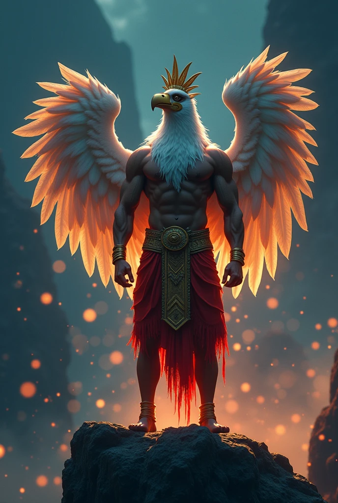 Cool cinematic animated character art, Silhouette of a man dressed as Garuda standing on the edge of mountain cliff, wearing white coloured bird mask, muscular physique, red and gold dhoti, bird wings, wearing indian golden crown, glowing particles in atmosphere, night time, darkness in atmosphere, night sky, colour graded, vibrant, 4khd