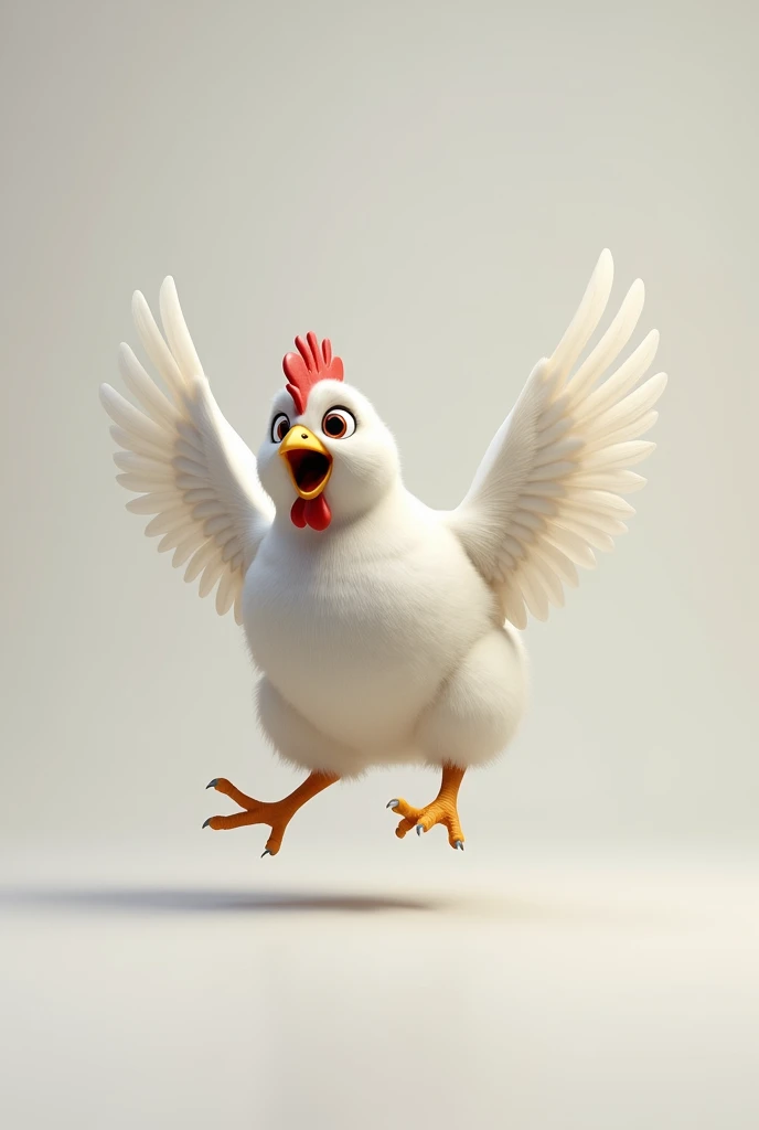 create the image of a white chicken flying with a scared face