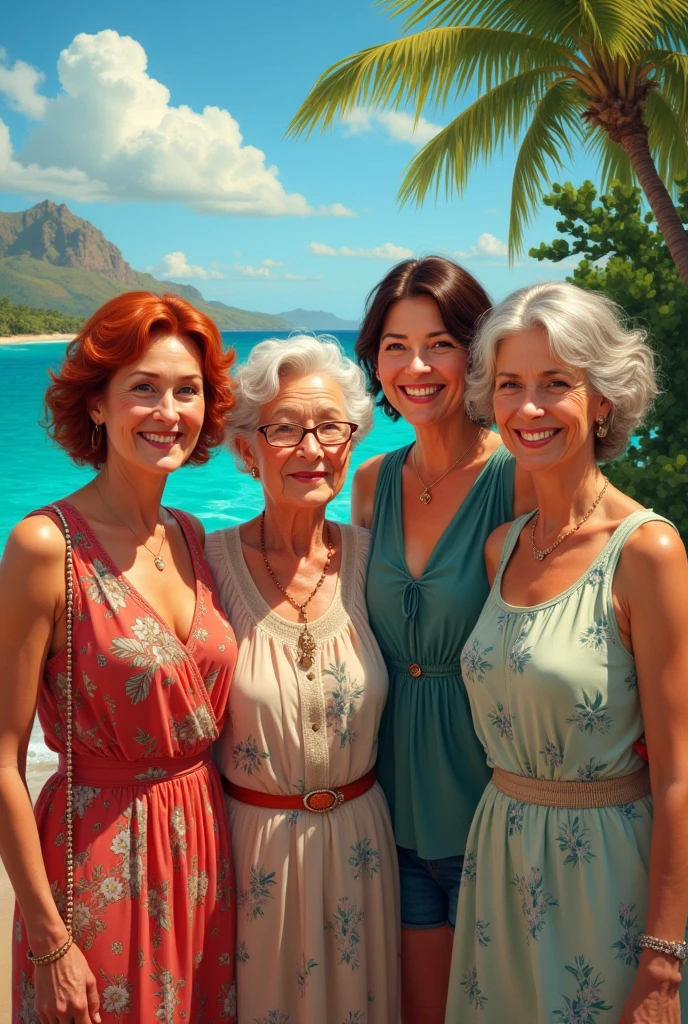 (the four tourists ), mature women (one a red head, the second elderly mother, the third Asian friend, and the 4th is a brunette daughter), posing in Hawaii, masterpiece, hyperdetailed painting, ((4girls))..