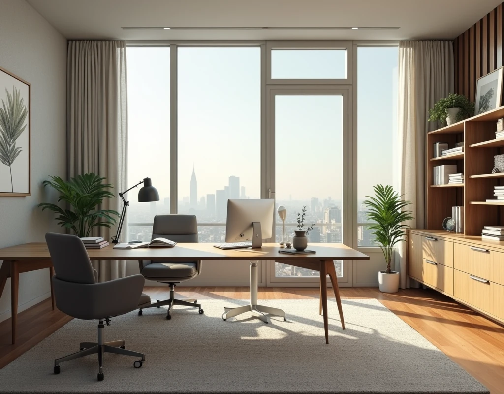 indoor, home office scene, show distance since the top of table in a office room without windows