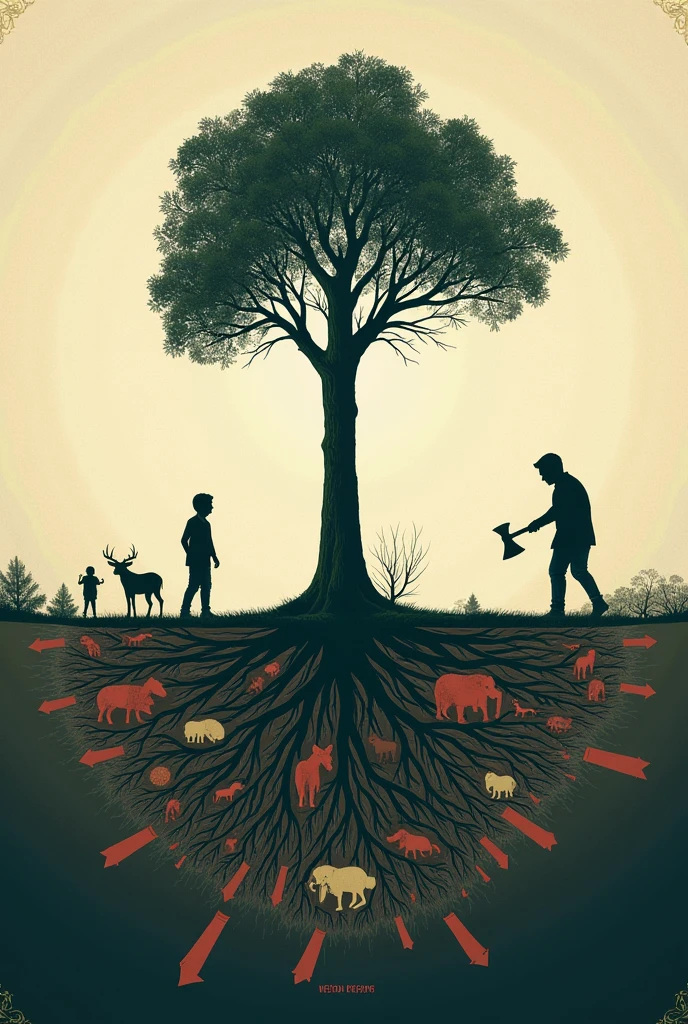 circuit board: "Deforestation and Its Effects"
Shocking Phrase: "Every tree that falls, knocks a little bit of all of us down." Design e Interactivity:
main image: An illustration showing a tree being cut down, with layers of soil, Roots, and animals running away.
Graphic elements: Arrows pointing to the consequences of deforestation (such as soil erosion, habitat loss and increased CO).
Interactivity: A button that, when pressed, simulates the fall of a tree and shows the effects on the ecosystem in sequence (visual or with text appearing).