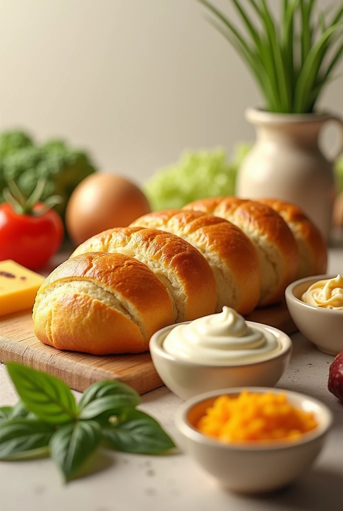 (photorealism:1.2),full view image of cheese roll, mayonise dan keju dalam wadah kecil, sayuran, by Greg Rutkowski, by Alphonse Mucha