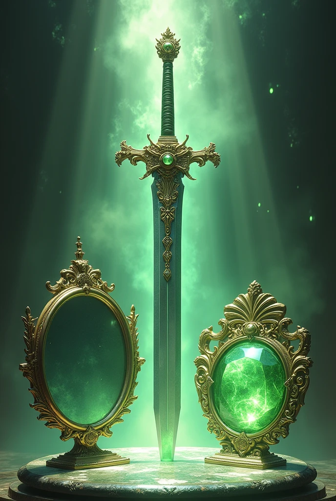 三種のgod器 ,god々Shii, With Ame no Murakumono Tsurugi in the middle,Green stone gem on the right,Shining round mirror on the left