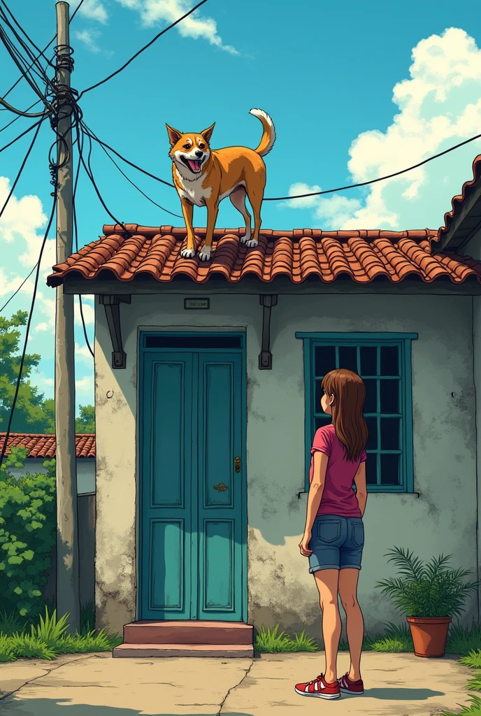 Woman looking at the roof of her house, a stray dog is on the high roof, trying to get down. Simple house in Brazil. manga style.