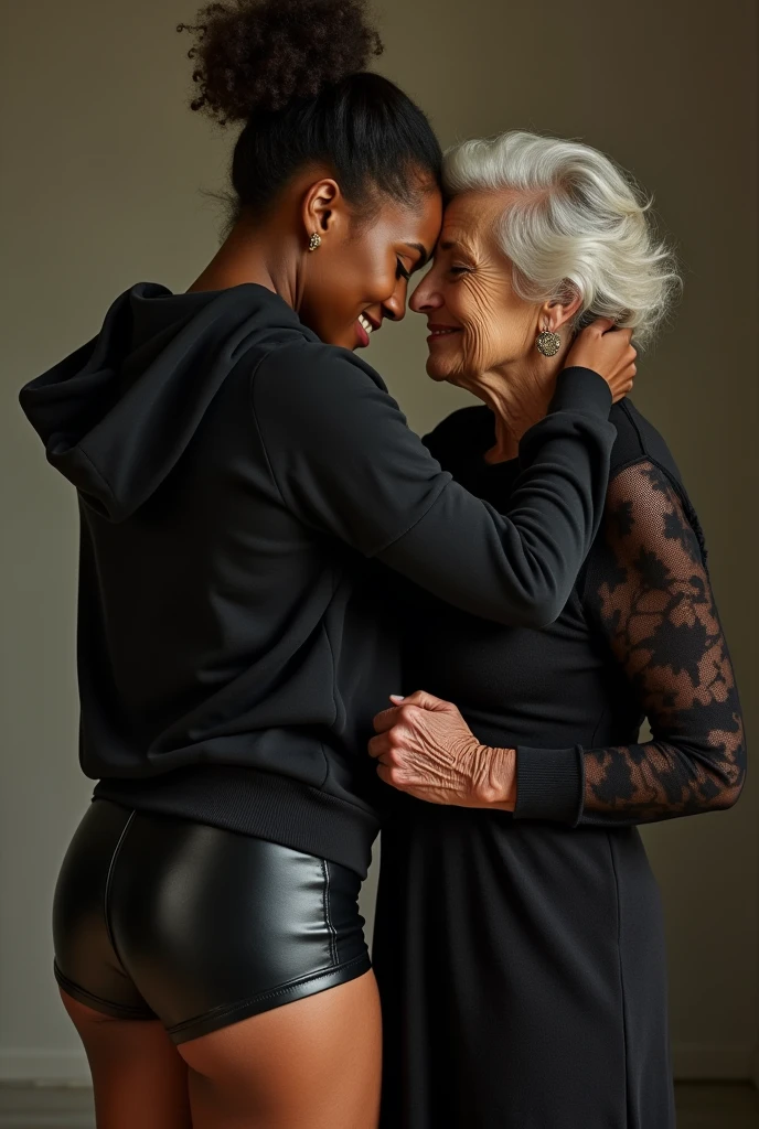 black woman hair in a bun black hoodie black leather short shorts being fucked in the ass by a old grandma in a dress
