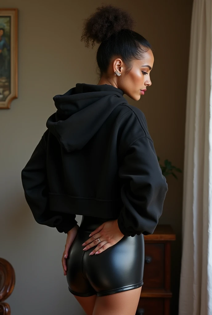 black woman hair in a bun black hoodie black leather short shorts being fucked in the ass by a old grandma in a dress