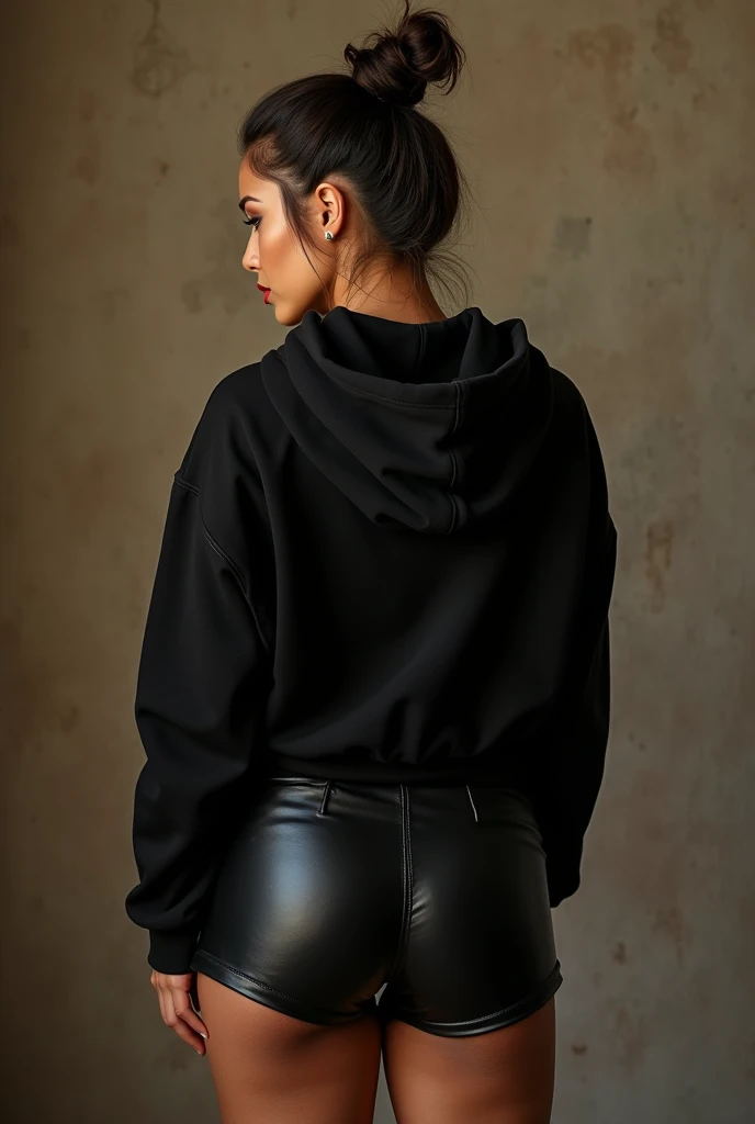 black woman hair in a bun black hoodie black leather short shorts being fucked in the ass by a old grandma in a dress