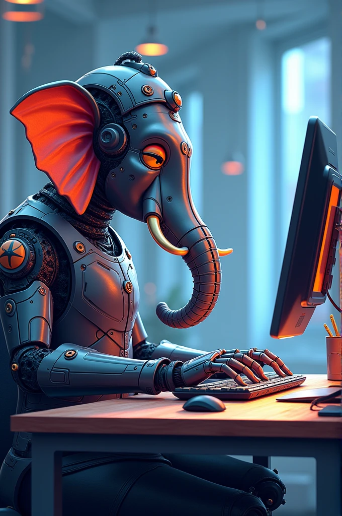 Lord Ganesha in the form of robot and doing work on computer