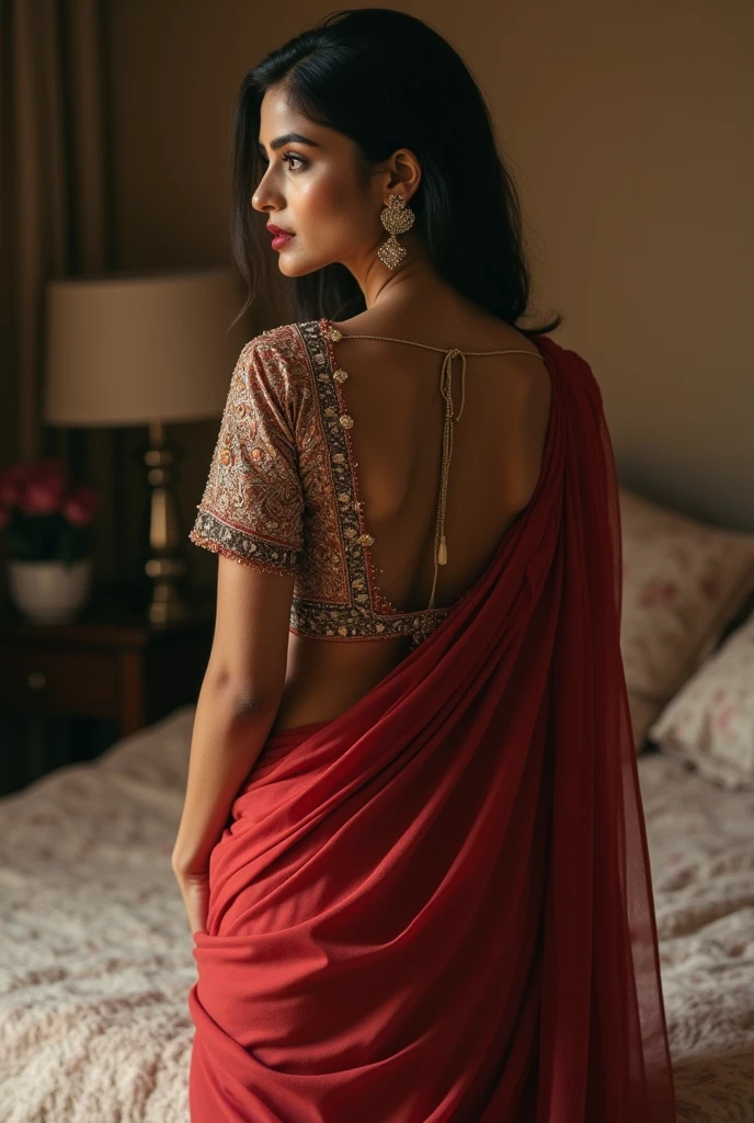 Woman showing her deep neck saree blouse back standing in bedroom