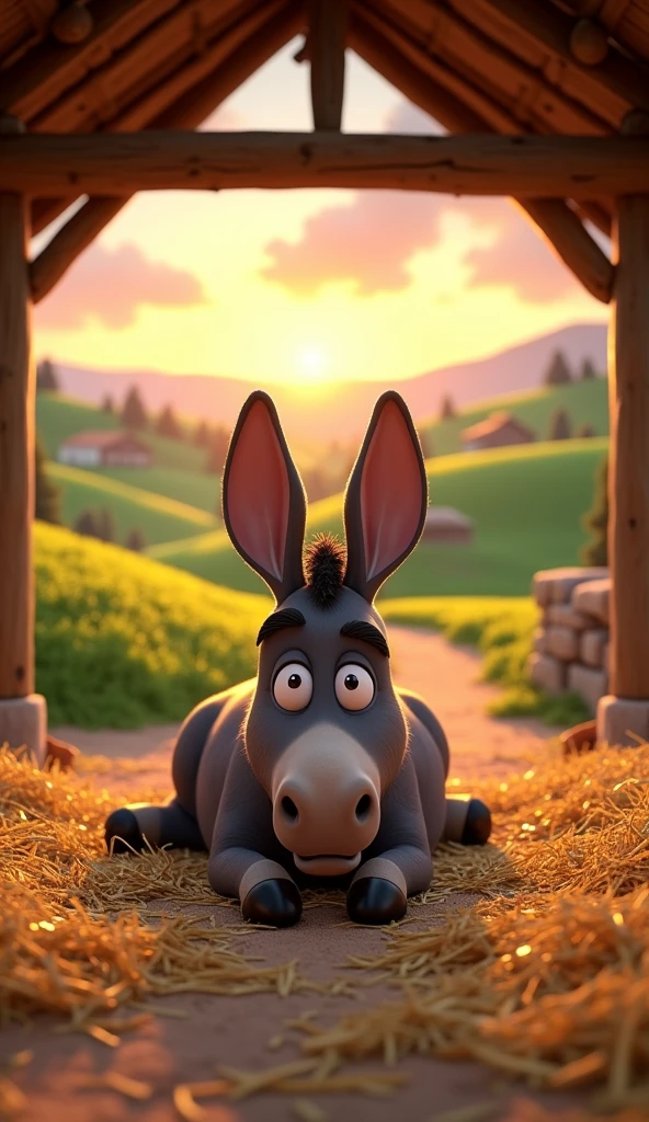 Draw an angry donkey lying on a pile of straw in a roofed stable on a farm. The farm should be picturesque and detailed, with green fields and a sunrise sky with soft orange and pink tones, in a 3D animated style.