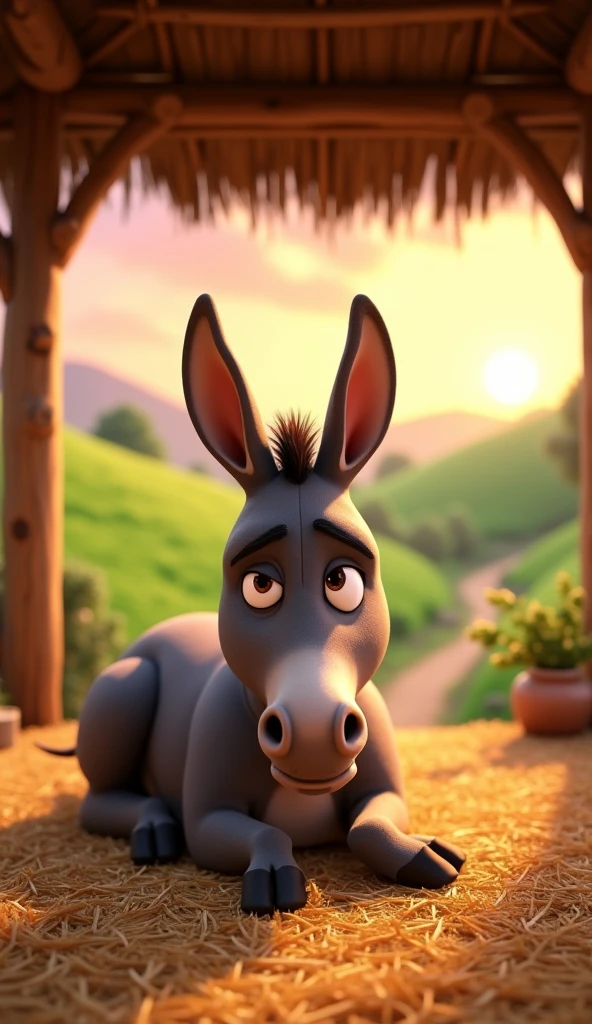 Draw an angry donkey lying on a pile of straw in a roofed stable on a farm. The farm should be picturesque and detailed, with green fields and a sunrise sky with soft orange and pink tones, in a 3D animated style.