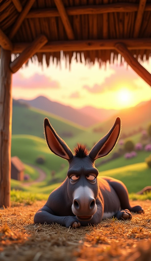 Draw an angry donkey lying on a pile of straw in a roofed stable on a farm. The farm should be picturesque and detailed, with green fields and a sunrise sky with soft orange and pink tones, in a 3D animated style.