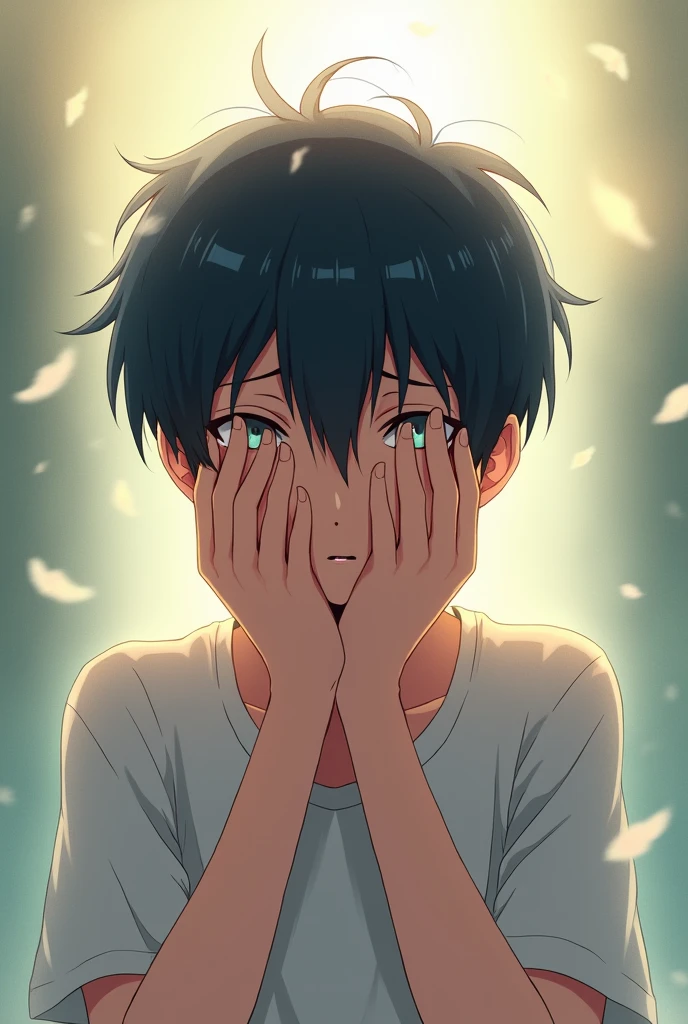anime boy with hands in his face
