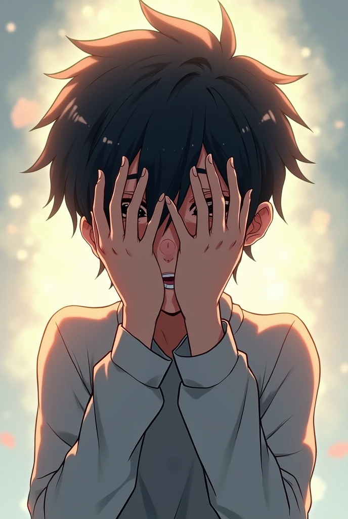 anime boy with hands in his face