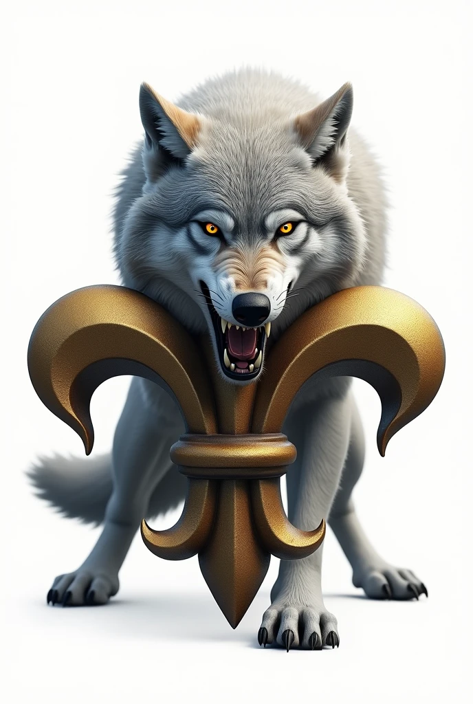 Create a Siberian Wolf biting the fleur-de-lis logo on a white background