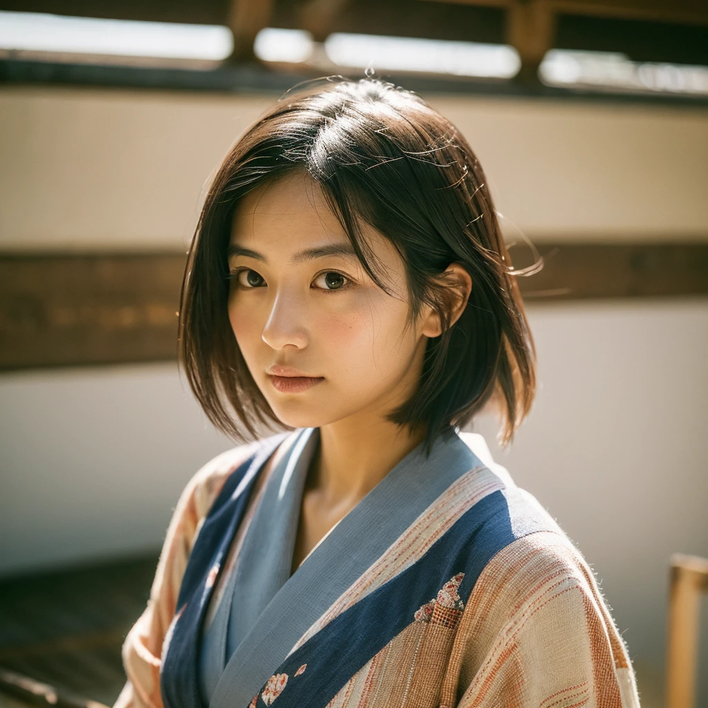 A hyper-realistic image of a single Japanese woman in her early 20s, captured with the nostalgic warmth and subtle graininess of a film camera. She is wearing a traditional Japanese yukata with an elegant and classic design, featuring delicate floral patterns and a subdued color palette, such as indigo blue with white or soft pastel shades. The yukata is paired with a neatly tied obi in a complementary color, emphasizing her refined and graceful appearance. Her skin has a warm beige tone with a natural, slightly rough texture that includes visible pores, fine lines, and subtle imperfections such as small blemishes, enhancing the authenticity of her look. The soft, diffused natural light complements the film-like quality, casting gentle shadows that create a timeless, organic feel. Her straight, glossy black hair is styled in a traditional, slightly tousled manner, softly framing her face, and her deep brown eyes reflect the ambient light, adding depth and emotion. The film camera effect introduces a slight grain and a softer focus, giving the image a warm, nostalgic atmosphere while maintaining the realistic texture of her skin. The composition focuses solely on her, capturing the imperfections that make her beauty truly lifelike, with the yukata enhancing the serene and understated elegance of traditional Japanese attire.