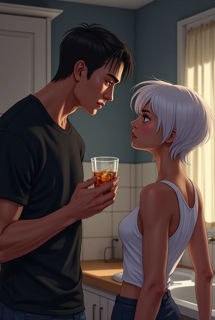 A couple fighting in the kitchen, The tall man has straight hair, and strong physique with a black shirt standing leaning against the kitchen sink he was holding a glass cup with a drink inside, and the woman in front of him, the woman has very short white hair, light brown skin and violet eyes, dressed in a tank top, white