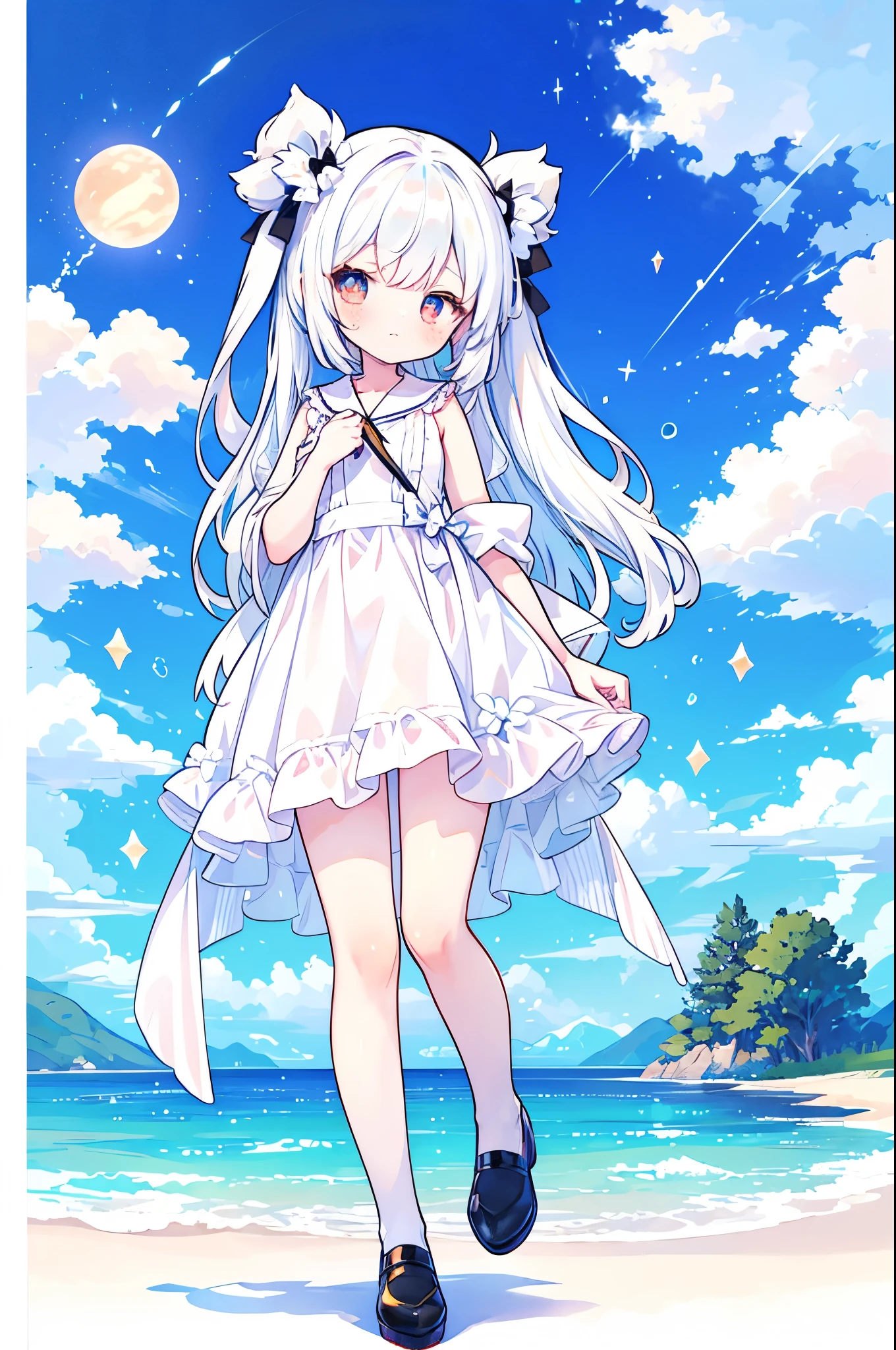 完美的White hair女孩, Cute girl anime visual, White hair的 god, Small curve , White hair女孩, Anime style 4k, White hair, Anime girl with long hair, White hair的, Cute anime girl,，a little ，long White hair，Amber pupils，Black leather shoes，Short skirt，Standing by the lake，Starry Sky，meteor