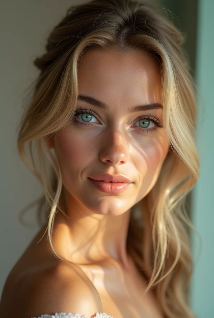 mujer catira, bonita, aqua eyes, light smile, streaked hair, cinematic lighting, UHD, anatomically correct, best quality, 8k