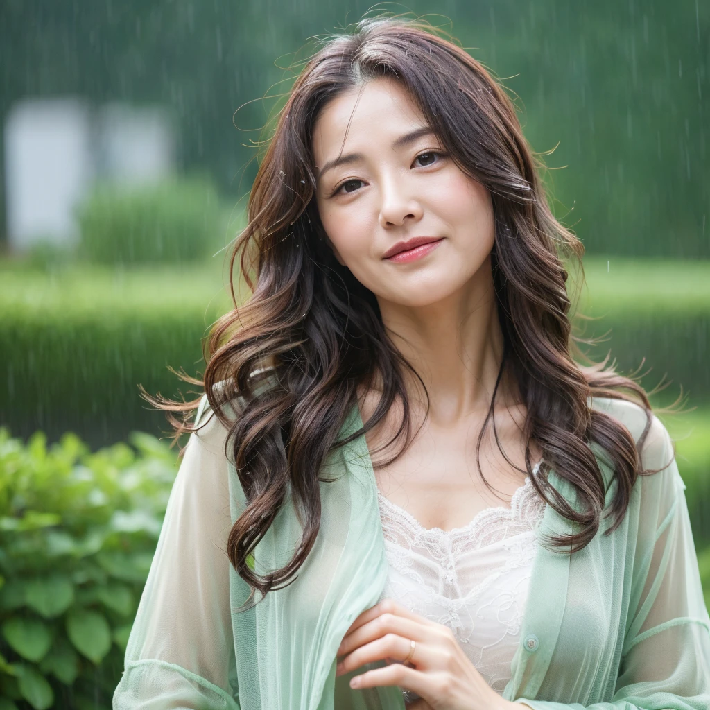 Beautiful mature woman with beautiful wavy long hair, Sexy Mature, Wet with rain, Wink, Ultra-high resolution,(Realistic:1.4), ((Highest quality)), ((masterpiece)), (be familiar with),