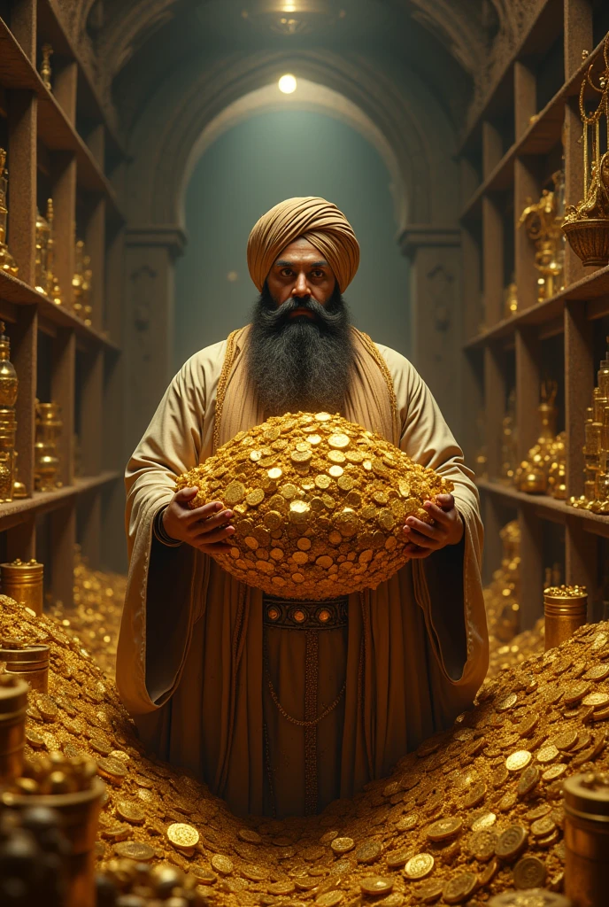 A crazy sikh man holding so many gold treasure image size 16:9