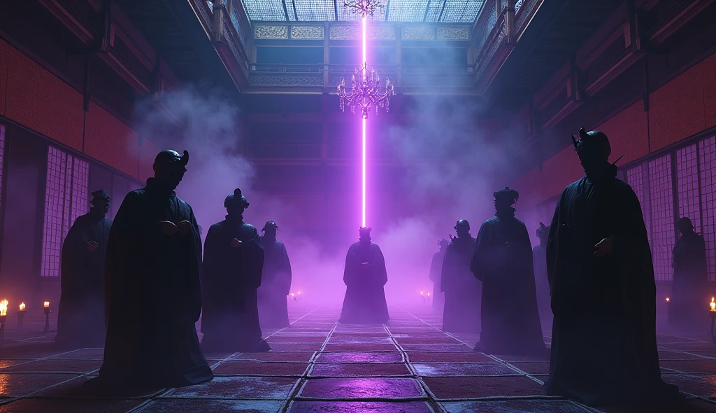 A fantastical Japanese-style room from another world、Place々Creepy、People in strange costumes々、Mysterious Ritual、A mysterious purple light、Adding a spooky feeling