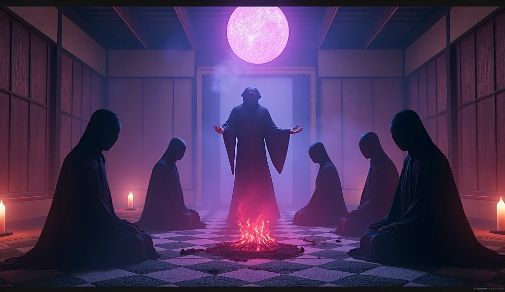 A fantastical Japanese-style room from another world、Place々Creepy、People in strange costumes々、Mysterious Ritual、A mysterious purple light、Adding a spooky feeling