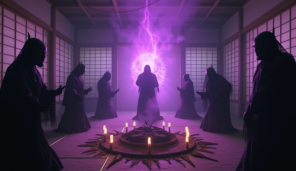 A fantastical Japanese-style room from another world、Place々Creepy、People in strange costumes々、Mysterious Ritual、A mysterious purple light、Adding a spooky feeling