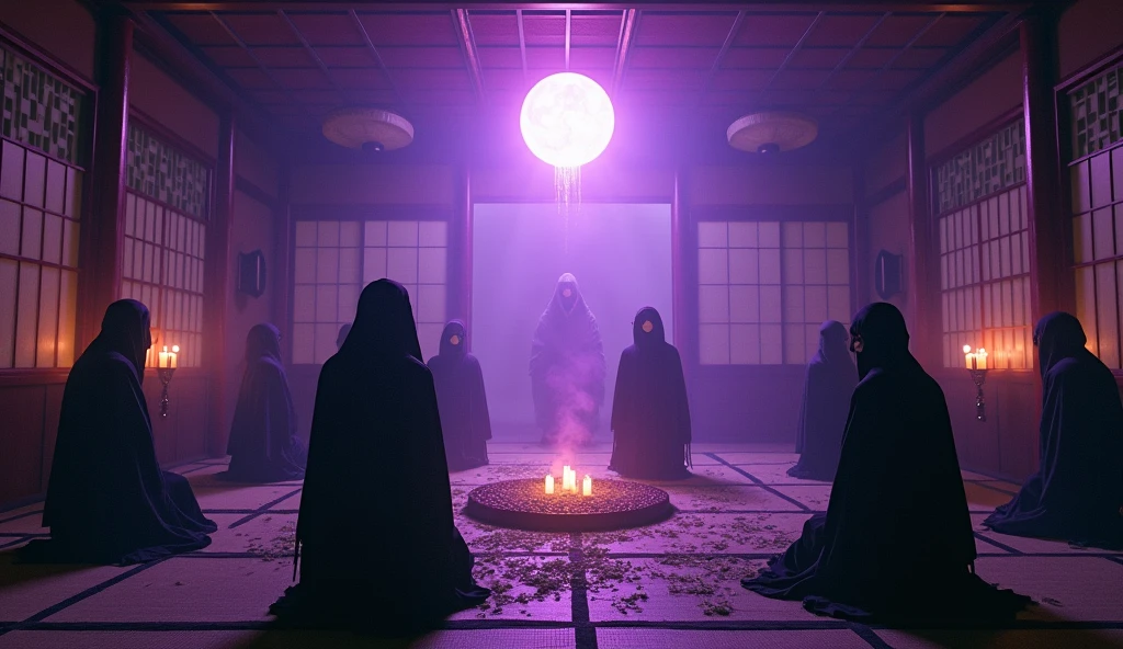 A fantastical Japanese-style room from another world、Place々Creepy、People in strange costumes々、Mysterious Ritual、A mysterious purple light、Adding a spooky feeling