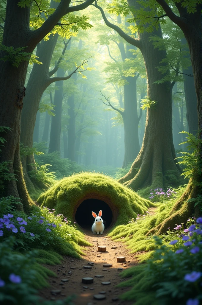Forest with a rabbit hole and many trees