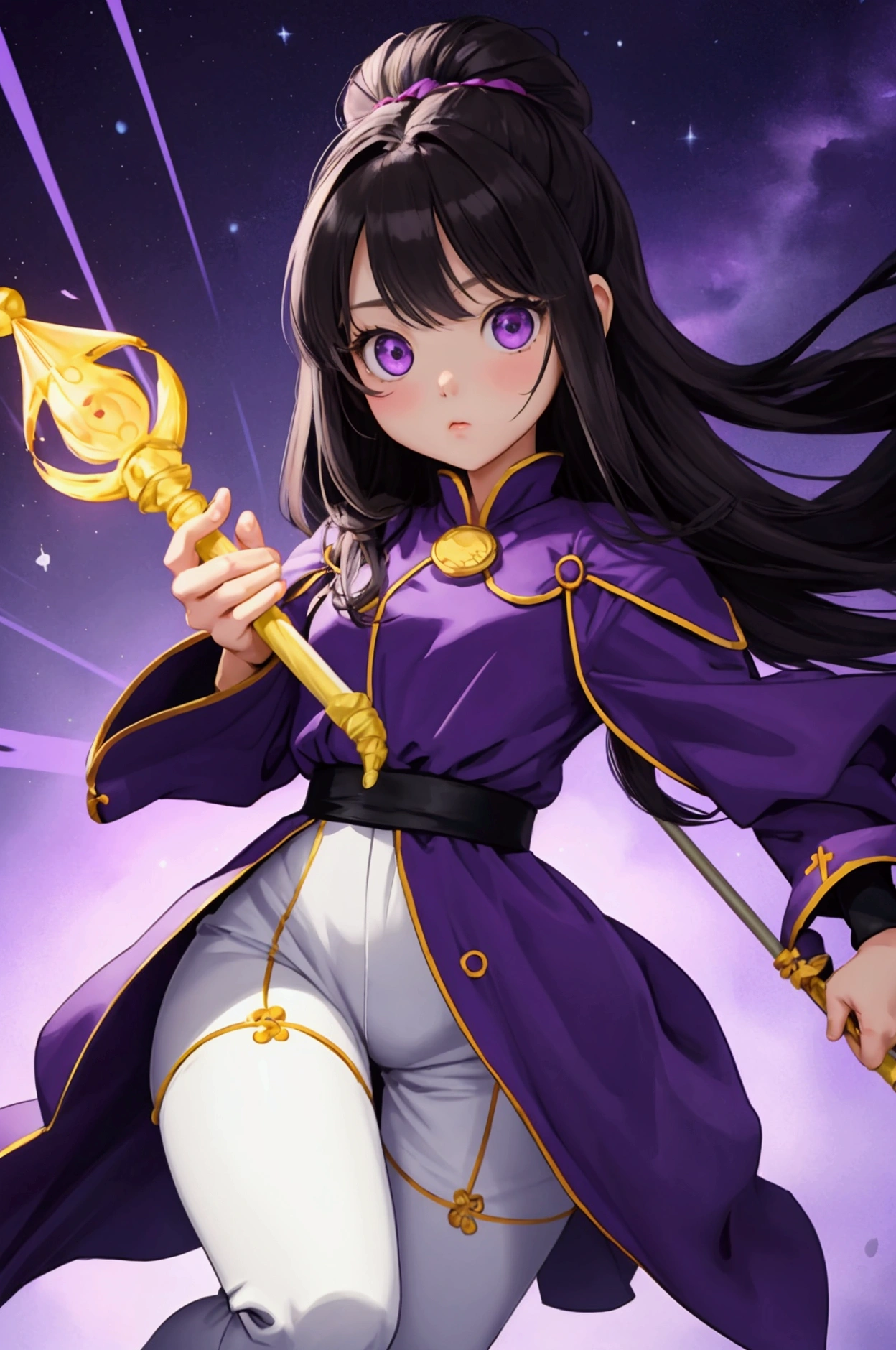 Q version three head body big head doll ,Big head and small body,doll ,Pop Mart, Female mage purple long-distance running holding a staff,Cute HD Beautiful pose