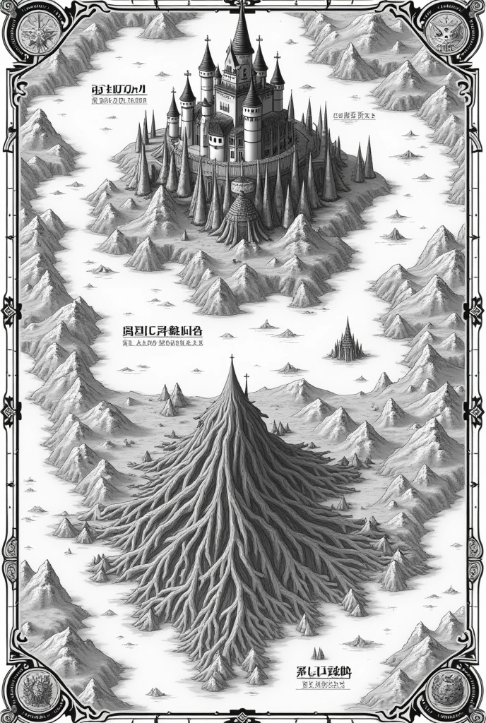 A black and white map. In the middle of the map there is a place called Kalandriuns Kingdom with a small castle below.. just below a place surrounded by small trees written Cursed Tree and further down the map a large place called Kingdom of Darkness