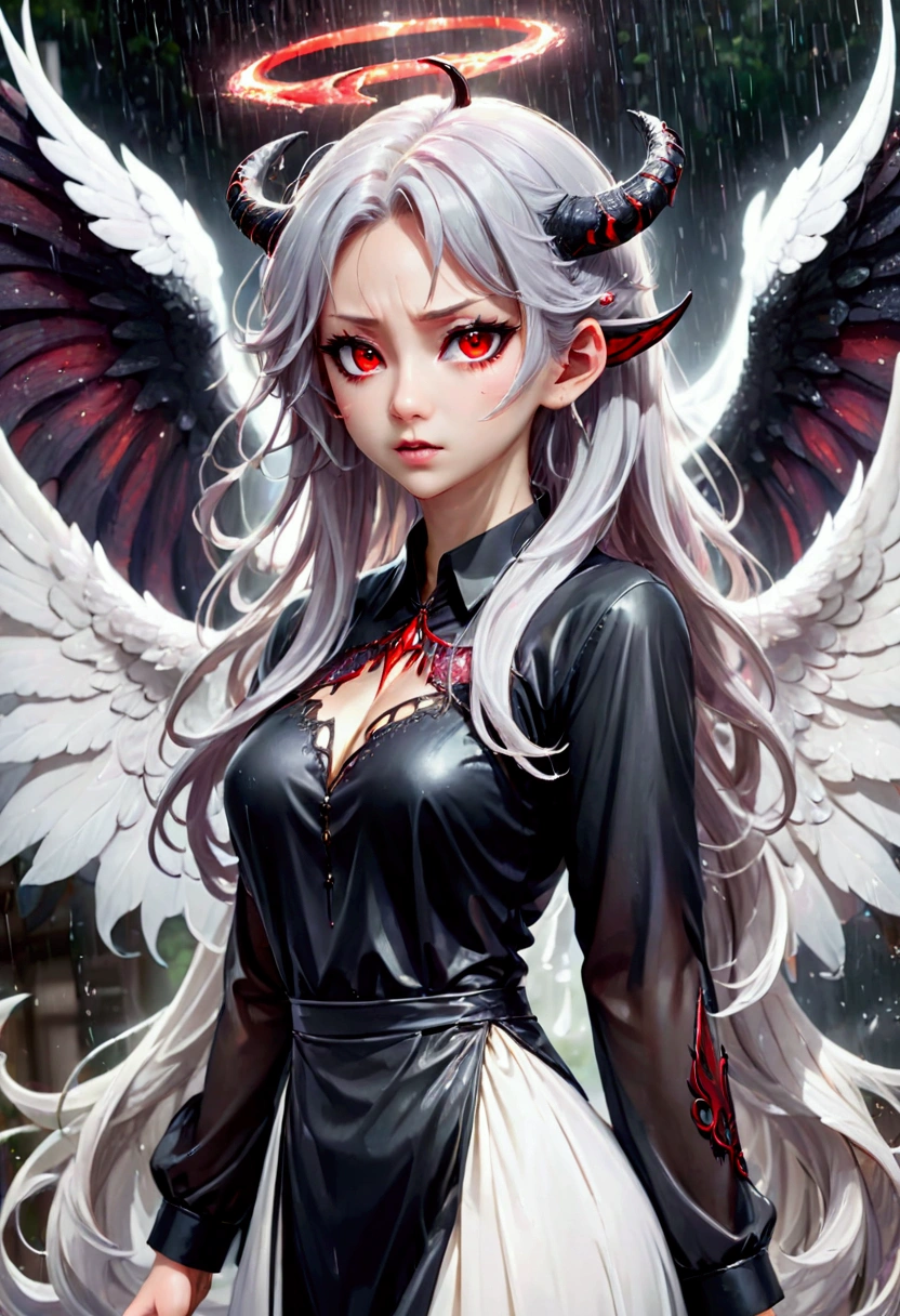 (8k, Highest quality, Manga style, View your viewers, Intricate details:1.3),(One person, Ingrid, 2Demon horns in the book, Multicolored Hair, Long Hair, Red eyes, Gray Hair), (Six alternating white angel wings and black devil wings:1.3), (China dress, See-through, Sweating, Full body portrait, Being hit by rain, Soaking wet)