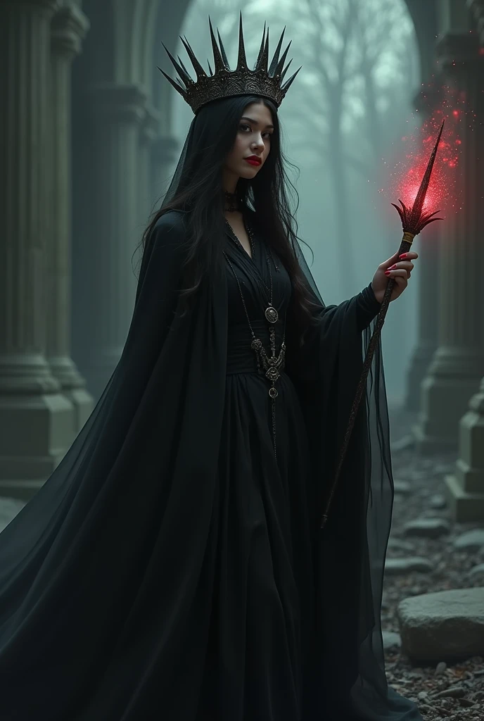 A devi woman with a fully covered ( no body part should be visible)black dress and a wand in her hand and with a red lipstick and a crown of spike in her head