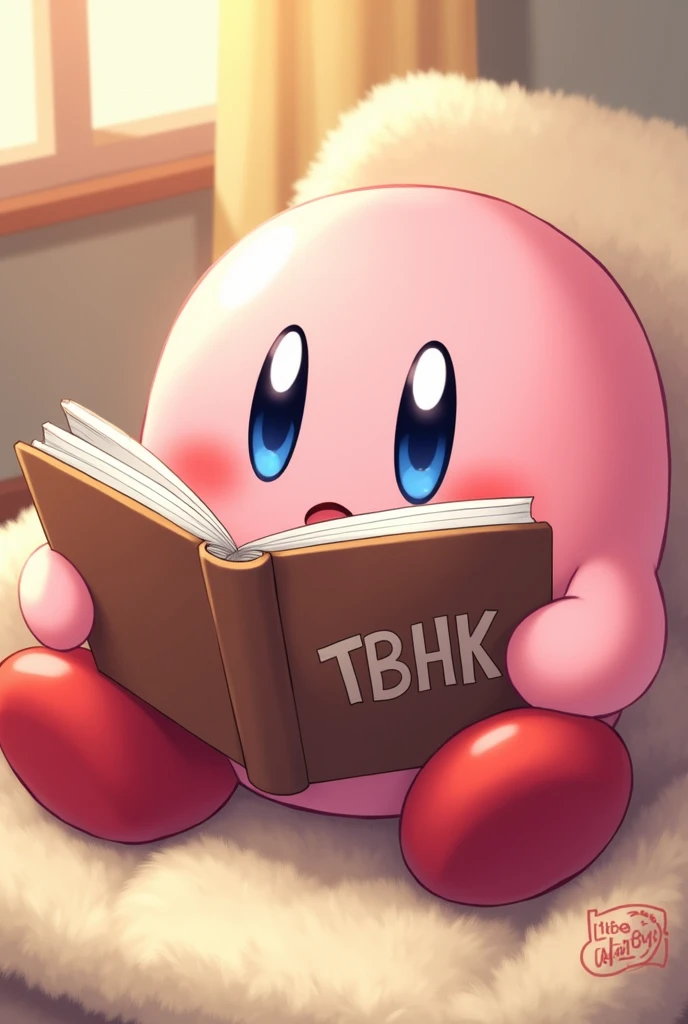 Kirby reading a book named TBHK happily