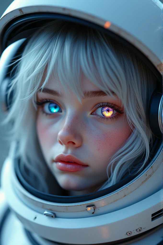 (Close-ups of even better masterpieces:1.5)0.9], (Space and astronauts:1.2) (Disheveled silver hair:1.1) (Heterochromia、Xanthochromia、blue eyes:1.2) (Space Helmet:1.0) (Colored stars in my eyes:1.0) (Shining Sparkle:1.1) (Thick lips:0.9)