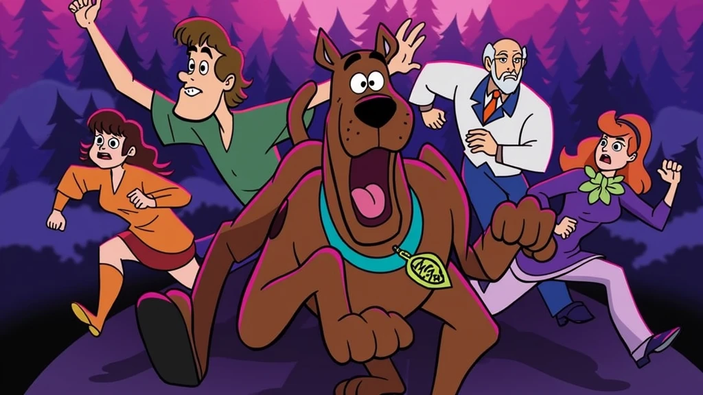 Fritz Perls, psychiatrist, slightly chubby, bald with white hair only on the sides, white bearded, bushy eyebrows, has some wrinkles. drawing version (in the style of drawing/animation "scooby doo"). He&#39;s with the Scooby Doo gang (scooby, The dog; velma, who has short dark hair, use your eyes, orange and red clothes; sausage, skinny man, Red-Haired, wears a green shirt with brown pants and is a bit hunchbacked; fred, tall, slightly muscular blond man, wears blue and white clothes; e daphne, beautfull woman, slender, redheadwear, who wears purple and green clothes) so everyone in a forest on a full moon night running from a pursuer (the stalker is sigmund freud, father of psychoanalysis, he wears a fancy suit, It's slender, is bald, tem white bearded e use your eyes redondo). everyone is scared running from freud.